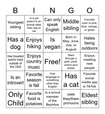 Get-to-know-you Bingo Card