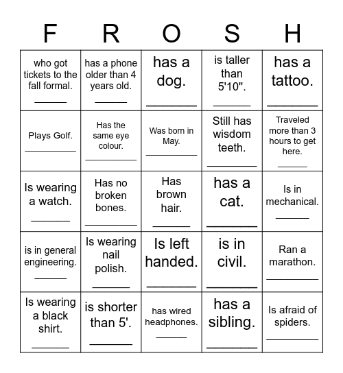 O-Week 2022 Bingo Card