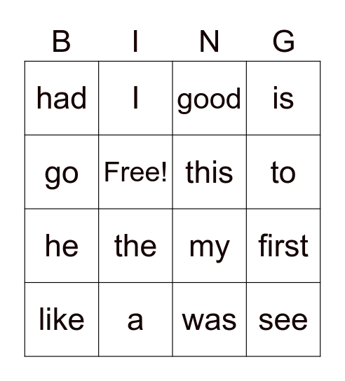 Module 1 Week 2 HF Words Bingo Card