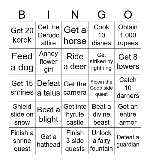 Zelda BOTW Bingo Card