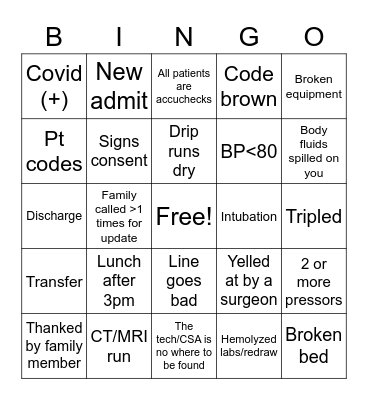 ICU Bingo Card