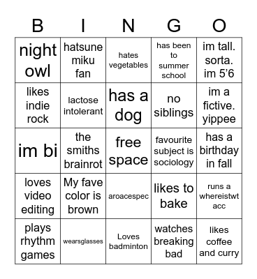 All About Me Bingo Card