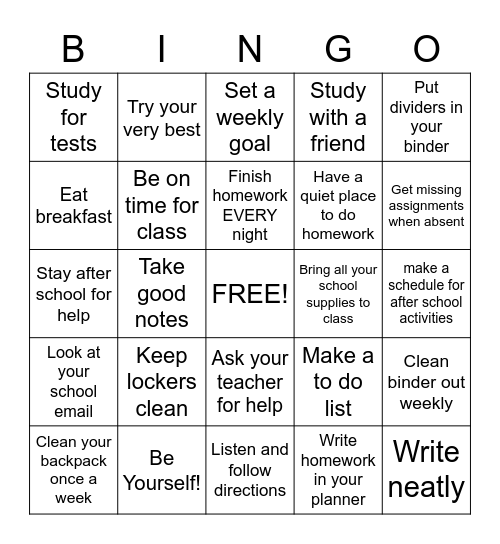 Organization Skills Bingo Card