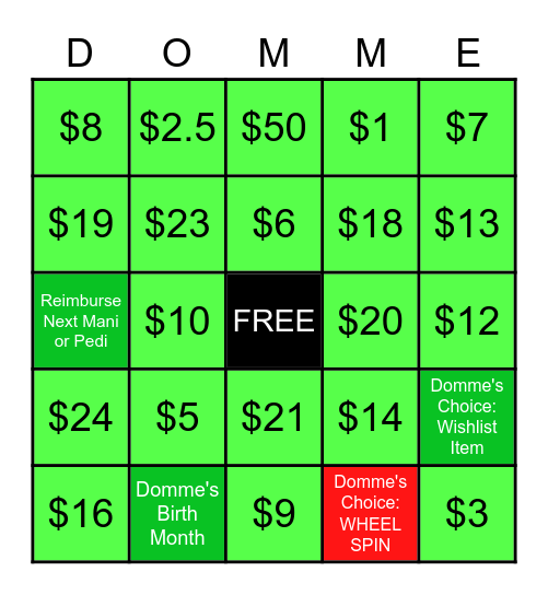 Domme Bingo Card