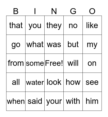 Sight Words Bingo Card