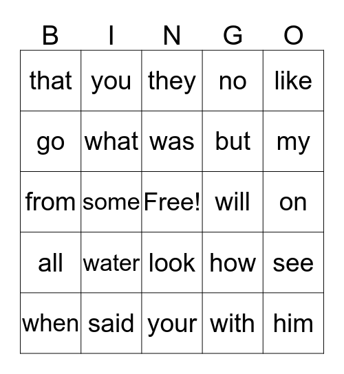 Sight Words Bingo Card