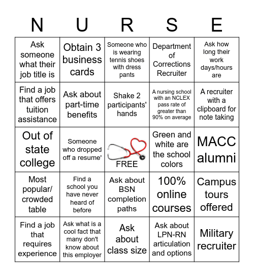 MACC Career and College Fair Bingo Card