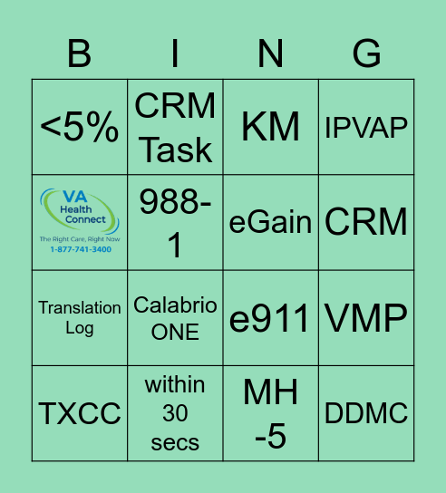 Clinical Contact Center Bingo Card