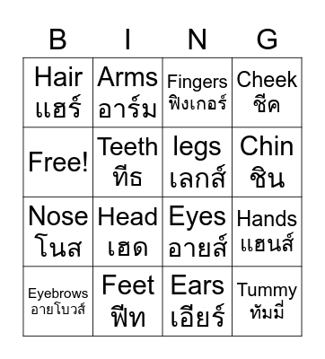 Part of Body & Face Bingo Card