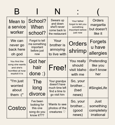 Rhys' Pieces Happy Hour W Mum Bingo Card