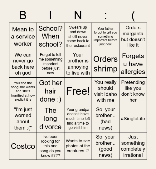 Rhys' Pieces Happy Hour W Mum Bingo Card