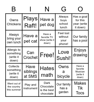 Getting to Know You Bingo Card