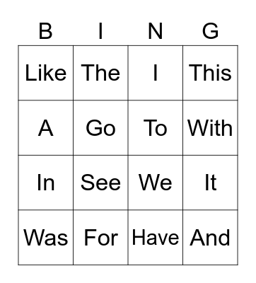 Heart Words Bingo Card