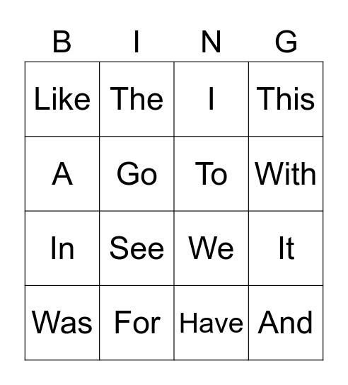 Heart Words Bingo Card