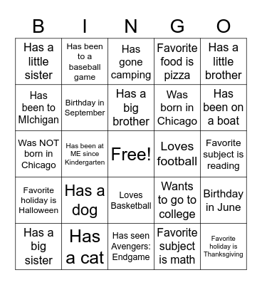 Get To Know Your Classmates! Bingo Card