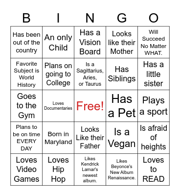 Getting To Know You Bingo Card