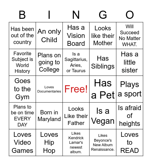 Getting To Know You Bingo Card