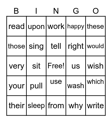Sight Words Bingo Card