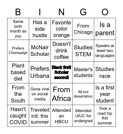 BGSA's Welcome B(L)ACK Bingo! Bingo Card