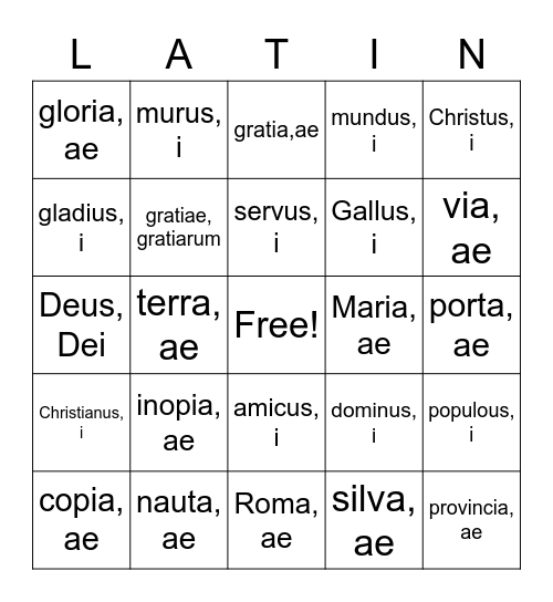Latin nouns Bingo Card