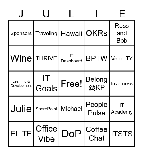 Julie's Retirement Bingo Card