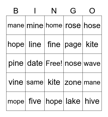 Long Vowel Sounds Bingo Card