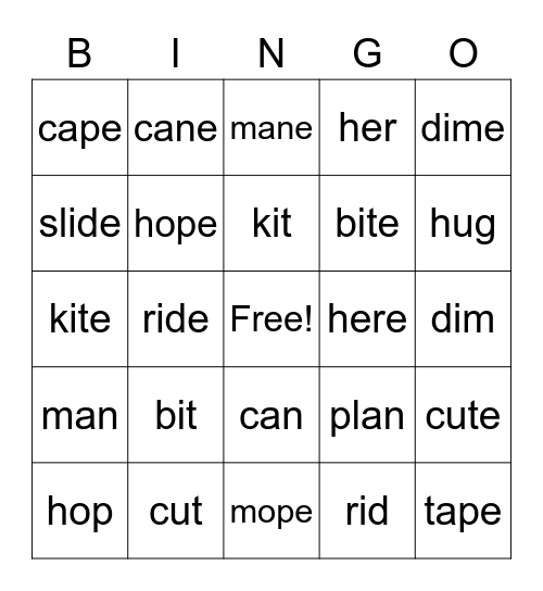 Short/Long vowel Bingo Card