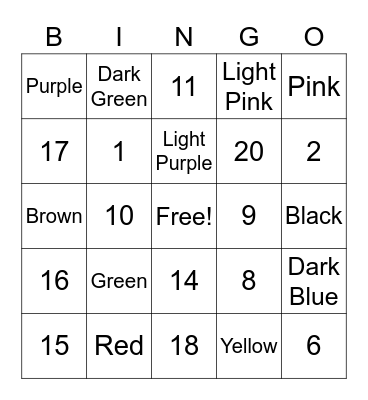 Color and Number Bingo Card