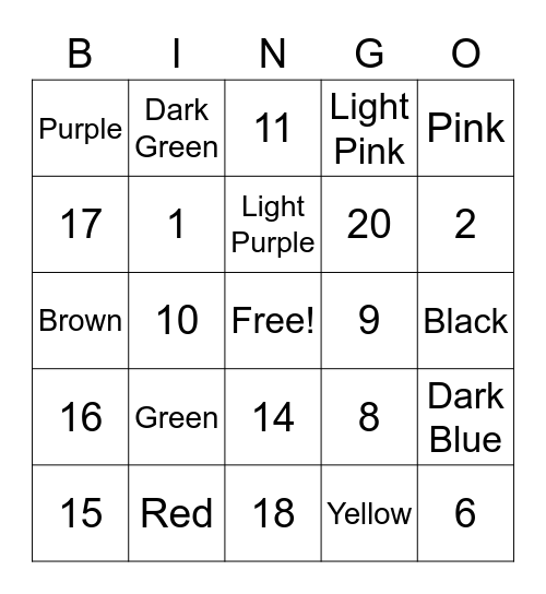 Color and Number Bingo Card