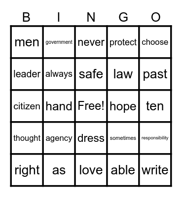 September Vocabulary BINGO Card