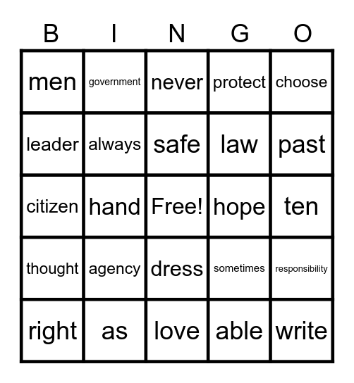 September Vocabulary BINGO Card