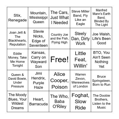 Classic Rock Bingo Card