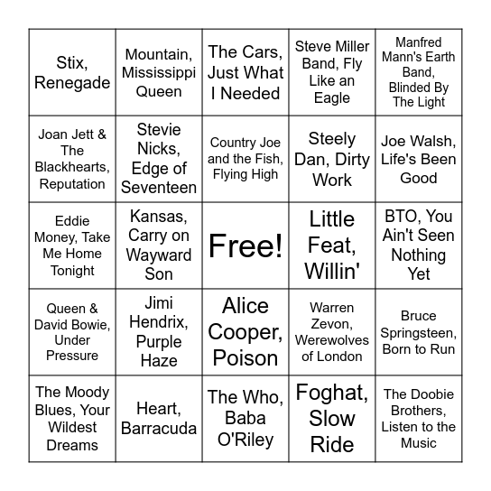 Classic Rock Bingo Card