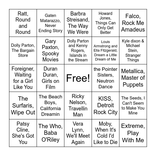 Stranger Things Soundtrack Bingo Card