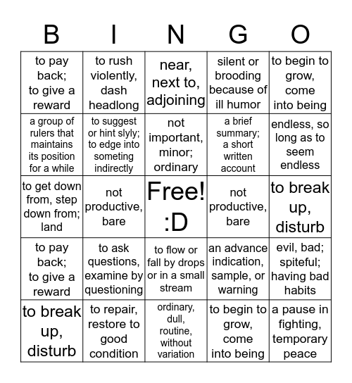 Unit 1 Vocabulary Definitions Bingo Card Bingo Card