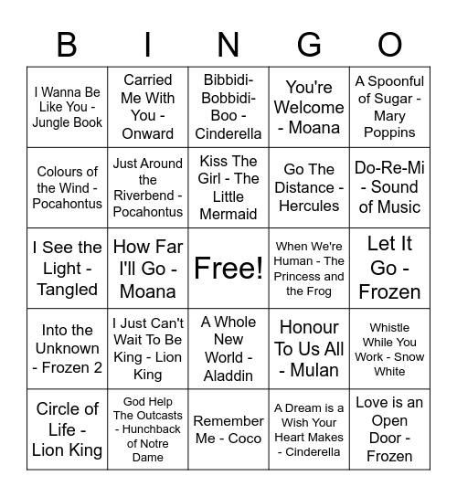 Disney Music Bingo! Bingo Card