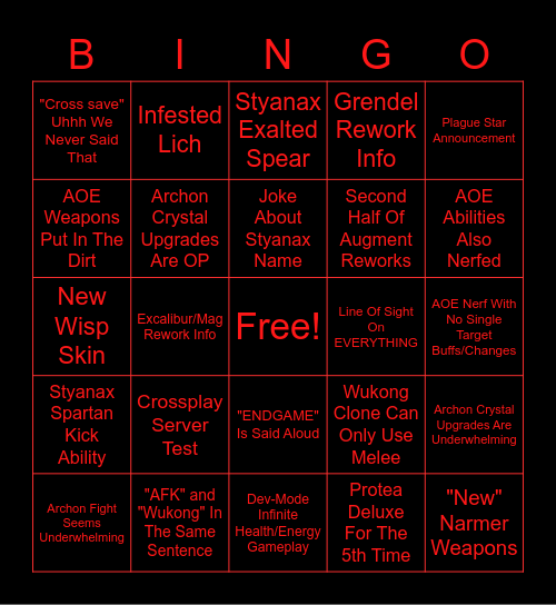 AUGUST Warframe Dev-Stream Bingo Card