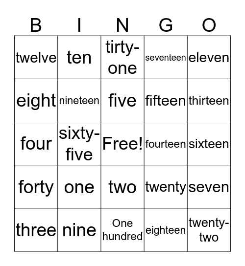 NUMBERS Bingo Card