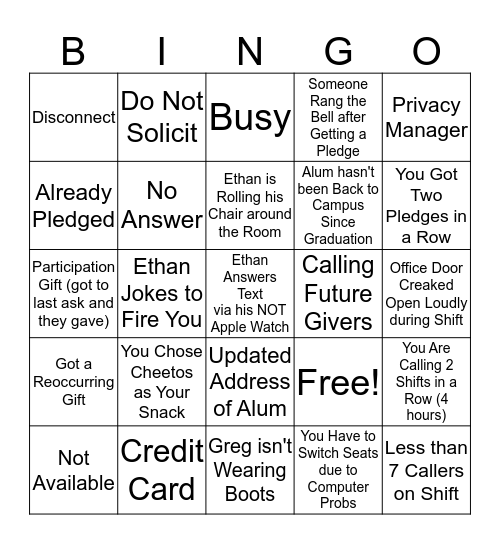 Phonathon Bingo Card