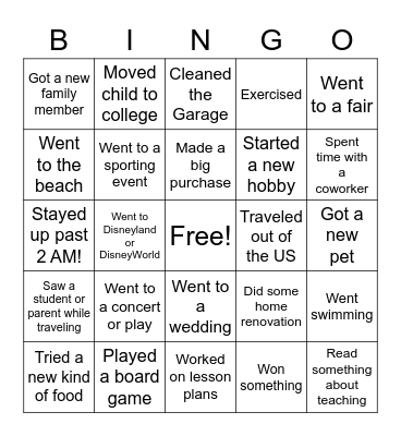 LCHS Teacher Summer Vacation BINGO Card