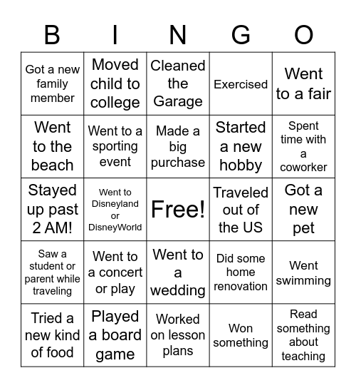 LCHS Teacher Summer Vacation BINGO Card