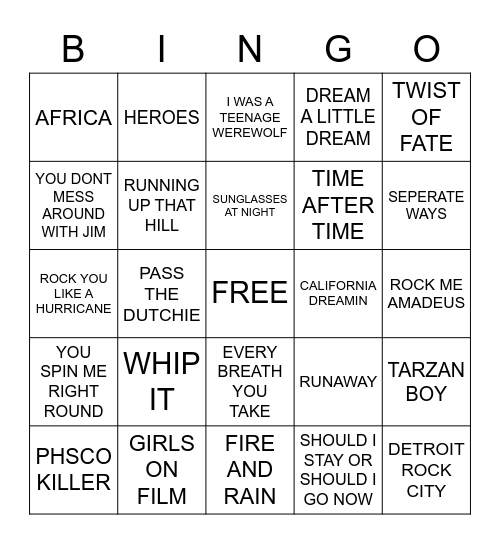 STRANGER THINGS SOUNDTRACK Bingo Card