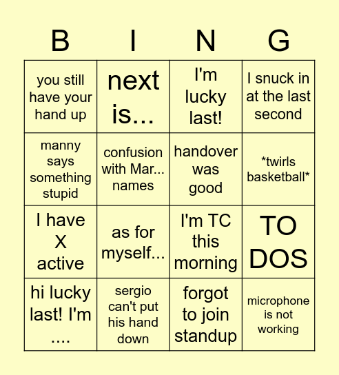 Standup Bingo Card