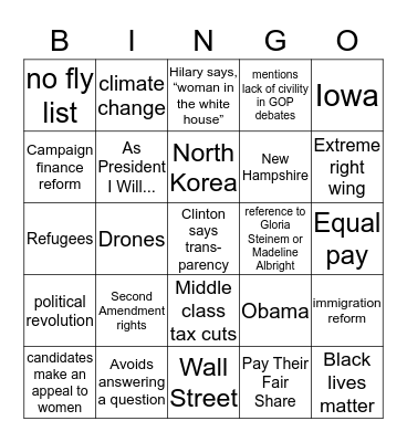 Democratic Primary Debate- 2/11/16 Bingo Card