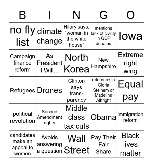 Democratic Primary Debate- 2/11/16 Bingo Card