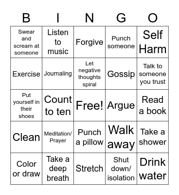 Anger Management Bingo Card