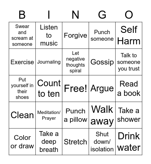 Anger Management Bingo Card