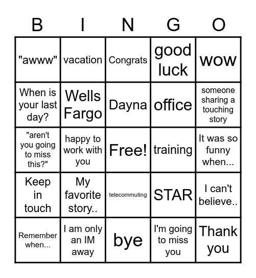 Dayna's Farewell Party Bingo Card