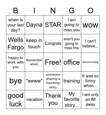 Dayna's Farewell Party Bingo Card