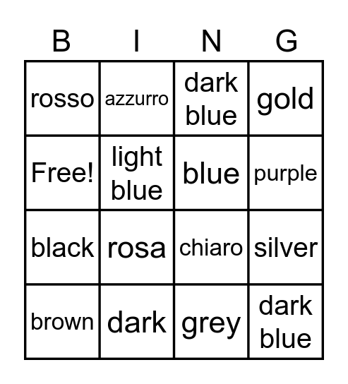 Italian Colours Bingo Card
